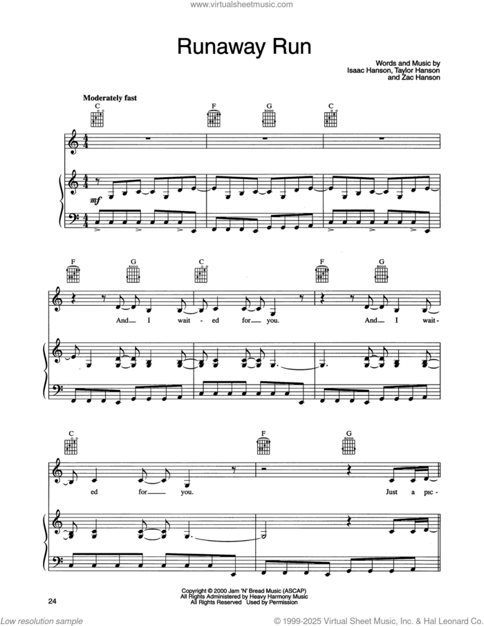 Runaway Run sheet music for voice, piano or guitar by isaac Hanson, Taylor Hanson and Zachary Hanson, intermediate skill level