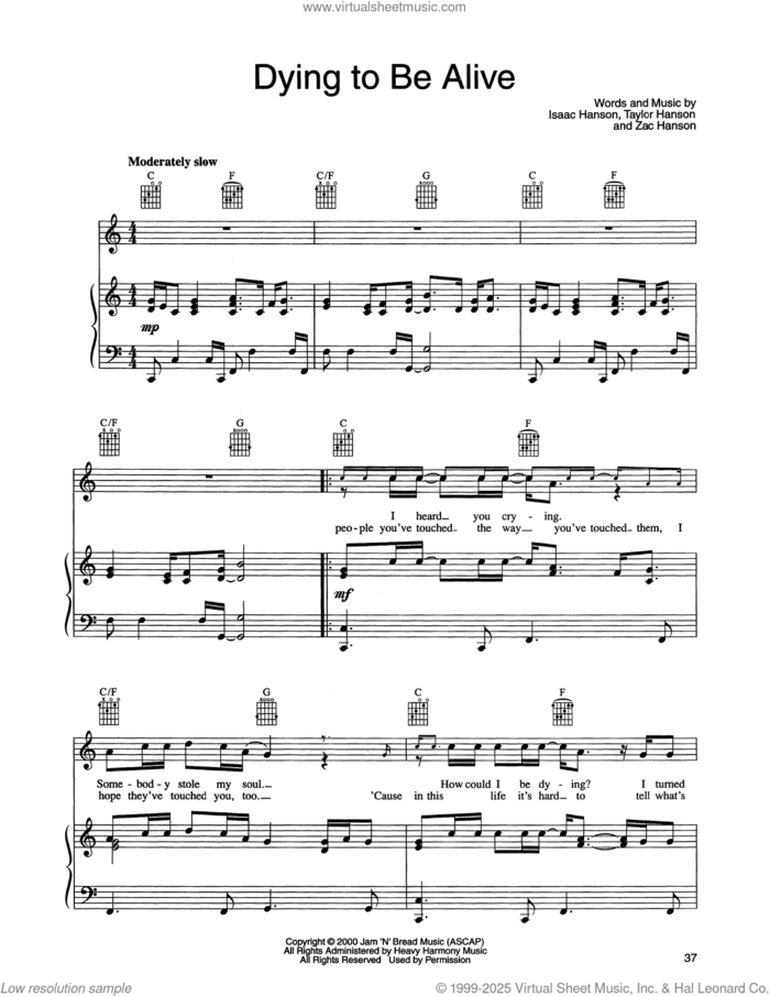 Dying To Be Alive sheet music for voice, piano or guitar by Isaac Hanson, Taylor Hanson and Zachary Hanson, intermediate skill level
