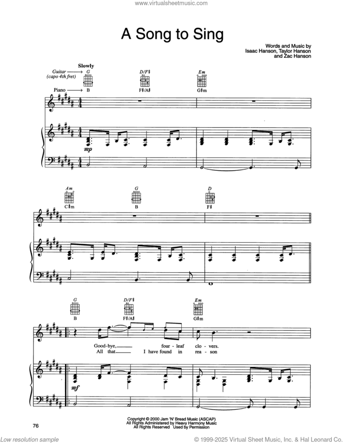 A Song To Sing sheet music for voice, piano or guitar by isaac Hanson, Taylor Hanson and Zachary Hanson, intermediate skill level