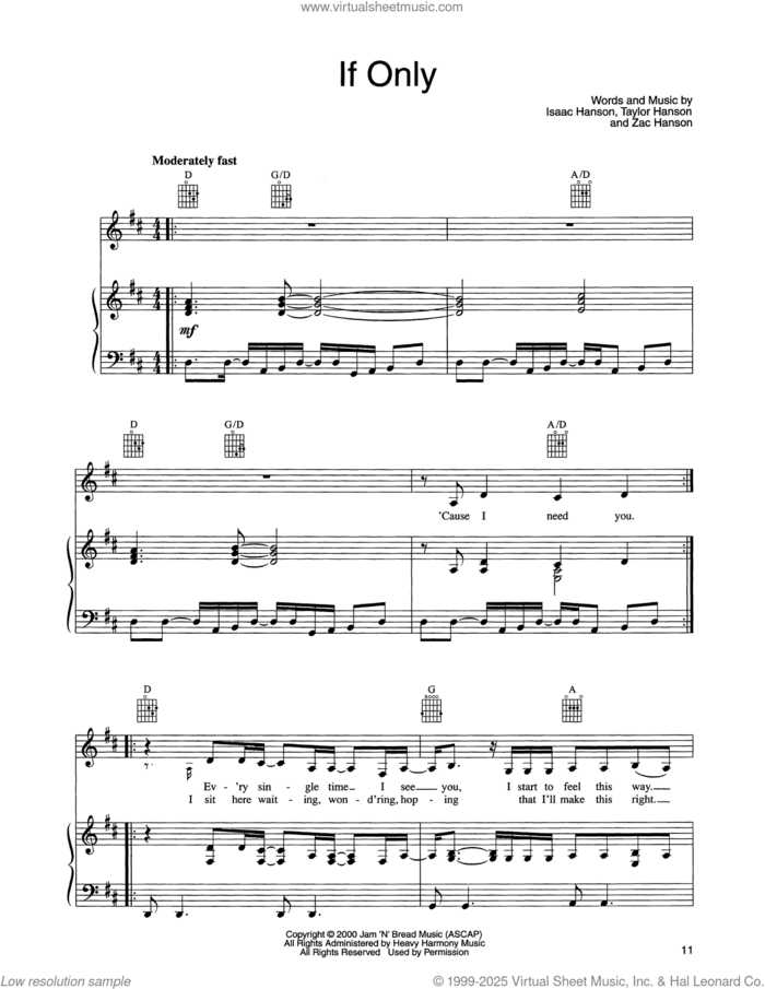 If Only sheet music for voice, piano or guitar by Isaac Hanson, Taylor Hanson and Zachary Hanson, intermediate skill level