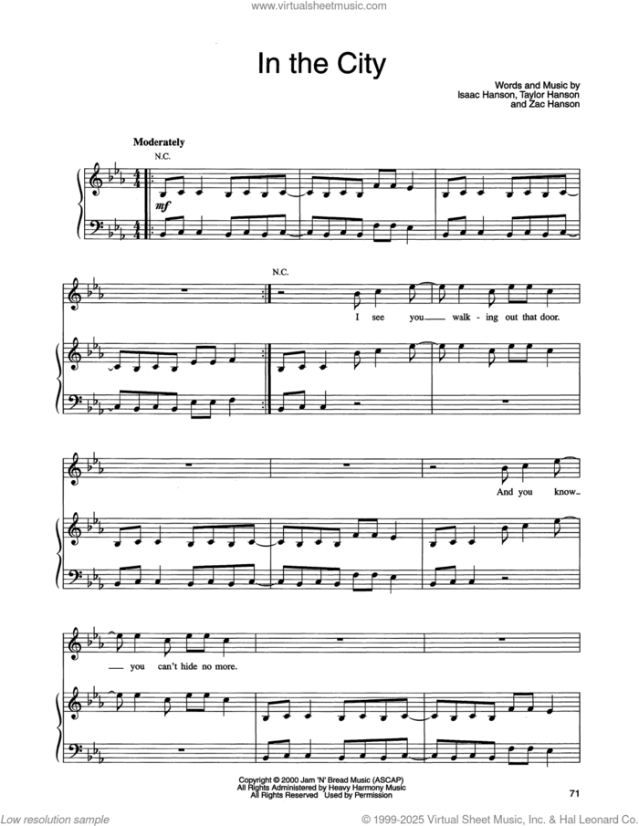 In The City sheet music for voice, piano or guitar by Isaac Hanson, Taylor Hanson and Zachary Hanson, intermediate skill level
