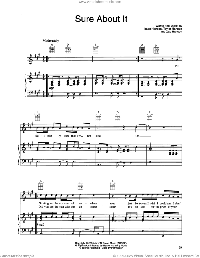 Sure About It sheet music for voice, piano or guitar by isaac Hanson, Taylor Hanson and Zachary Hanson, intermediate skill level