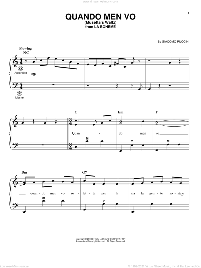 Quando Men Vo (Mussetta's Waltz) sheet music for accordion by Giacomo Puccini, classical score, intermediate skill level