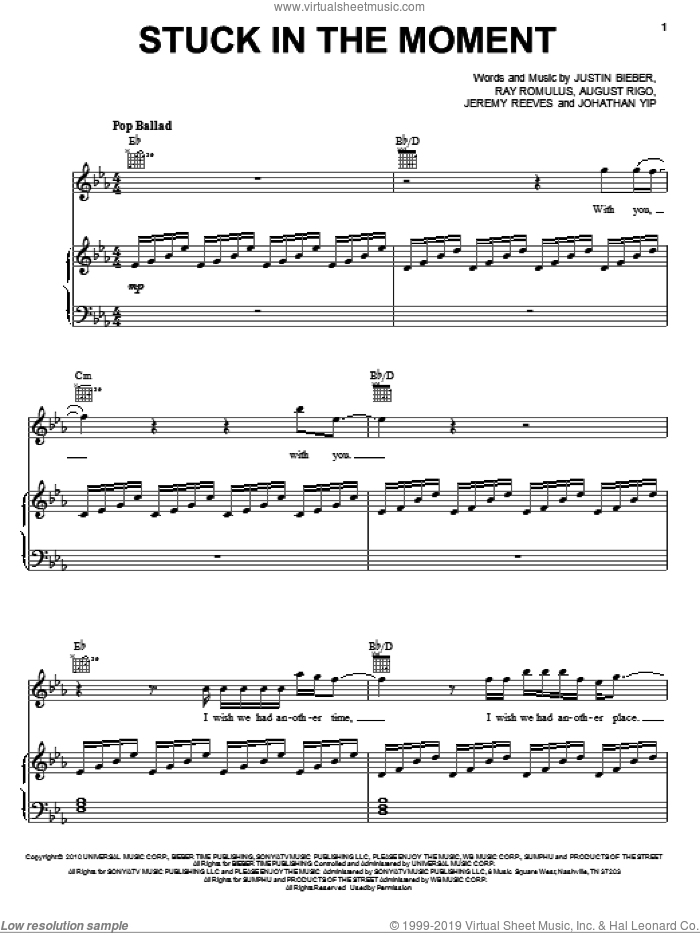 Stuck In The Moment sheet music for voice, piano or guitar by Justin Bieber, August Rigo, Jeremy Reeves, Jonathan Yip and Ray Romulus, intermediate skill level