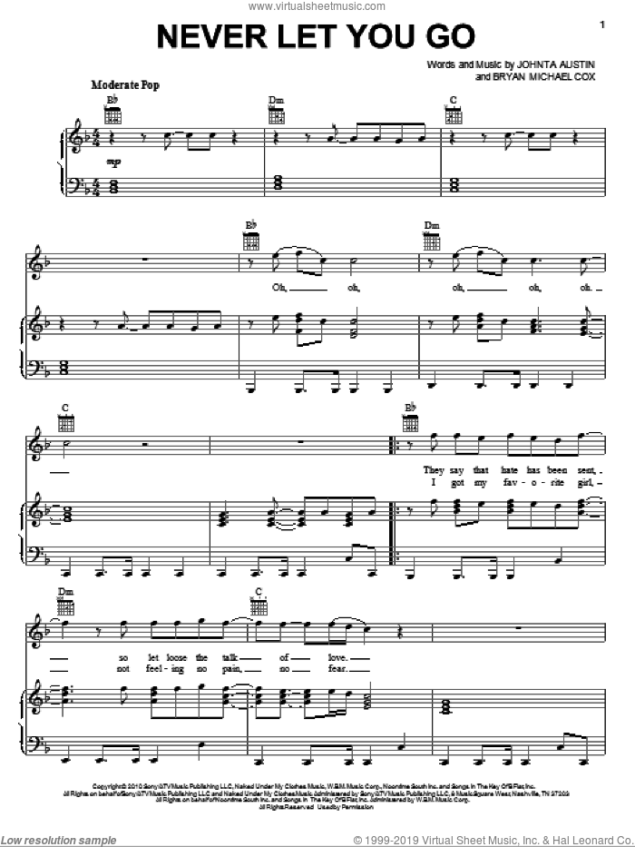 Never Let You Go sheet music for voice, piano or guitar by Justin Bieber, Bryan Michael Cox and Johnta Austin, intermediate skill level
