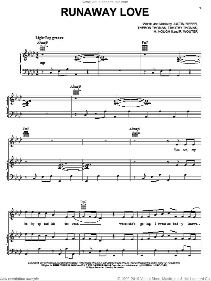 Runaway Love sheet music for voice, piano or guitar by Justin Bieber, M. Hough II, R. Wouter, Theron Thomas and Timmy Thomas, intermediate skill level