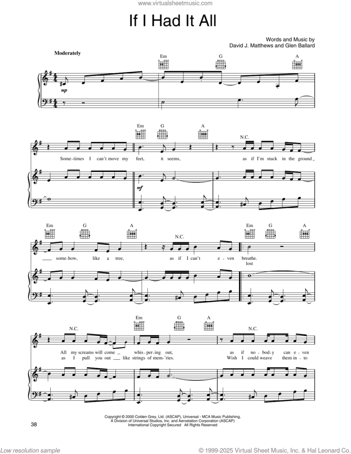 If I Had It All sheet music for voice, piano or guitar by Dave Matthews Band and Glen Ballard, intermediate skill level