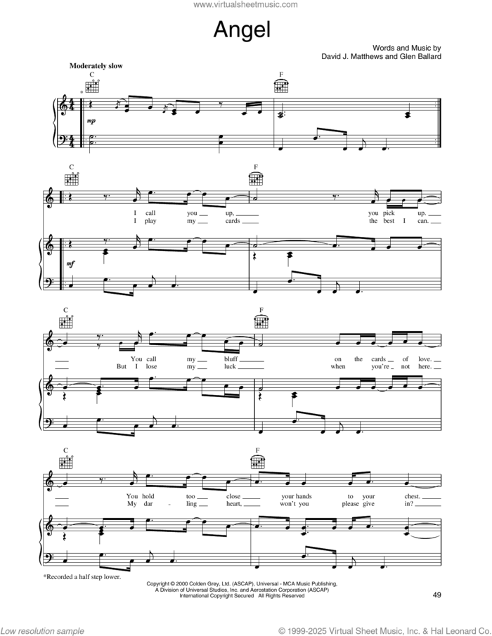 Angel sheet music for voice, piano or guitar by Dave Matthews Band and Glen Ballard, intermediate skill level