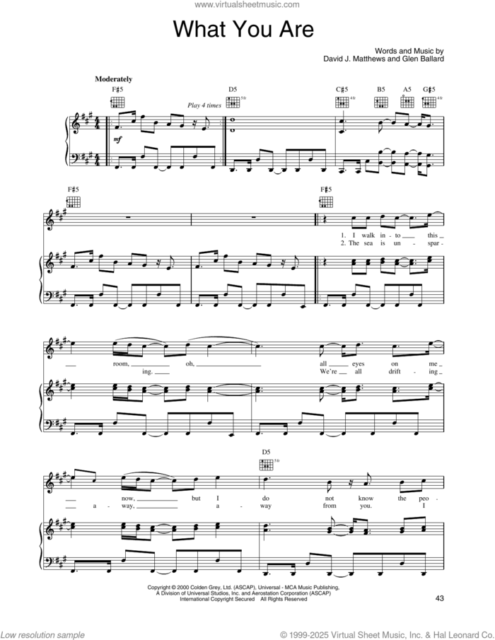 What You Are sheet music for voice, piano or guitar by Dave Matthews Band and Glen Ballard, intermediate skill level