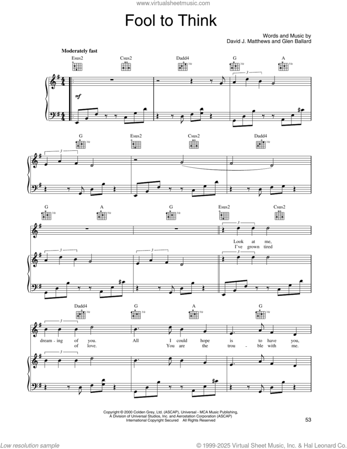 Fool To Think sheet music for voice, piano or guitar by Dave Matthews Band and Glen Ballard, intermediate skill level