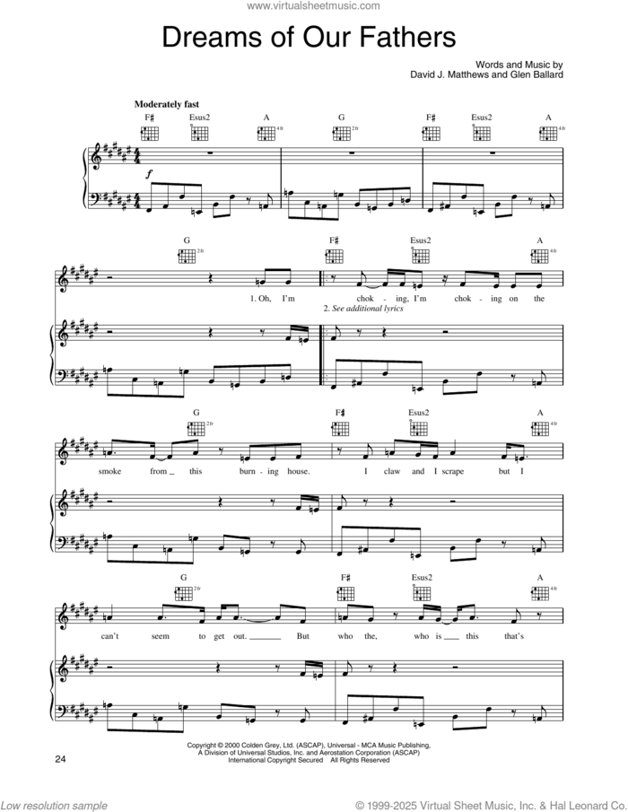 Dreams Of Our Fathers sheet music for voice, piano or guitar by Dave Matthews Band and Glen Ballard, intermediate skill level