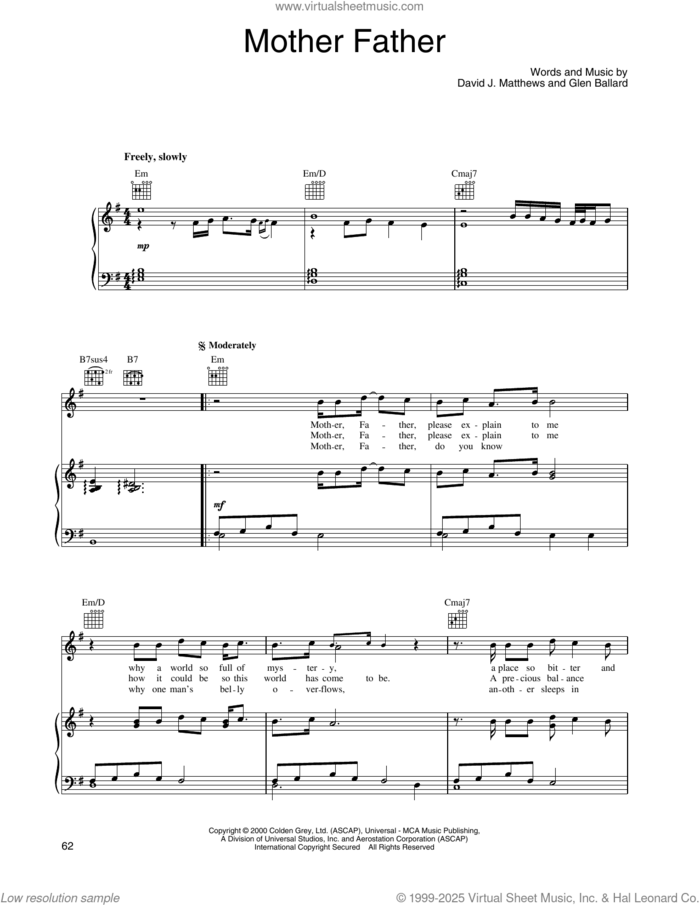 Mother Father sheet music for voice, piano or guitar by Dave Matthews Band and Glen Ballard, intermediate skill level