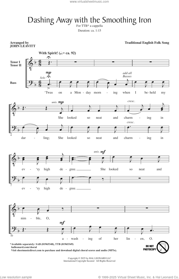 Dashing Away With The Smoothing Iron (arr. John Leavitt) sheet music for choir (TTB: tenor, bass) by Traditional English Folk Song and John Leavitt, intermediate skill level
