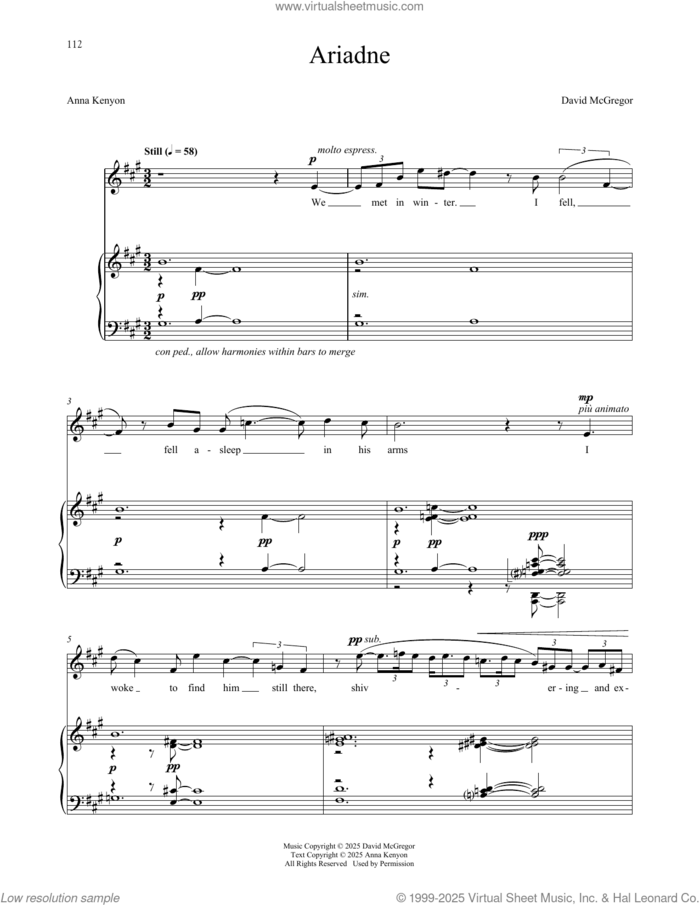 Ariadne sheet music for voice and piano by David McGregor and Anna Kenyon, intermediate skill level