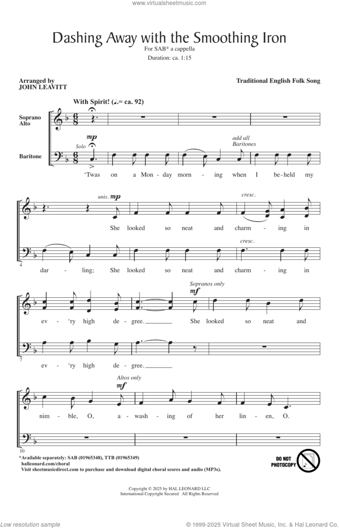 Dashing Away With The Smoothing Iron (arr. John Leavitt) sheet music for choir (SAB: soprano, alto, bass) by Traditional English Folk Song and John Leavitt, intermediate skill level