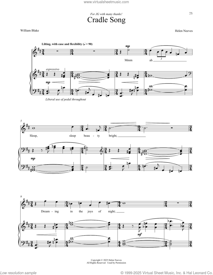 Cradle Song sheet music for voice and piano by William Blake and Helen Neeves, intermediate skill level
