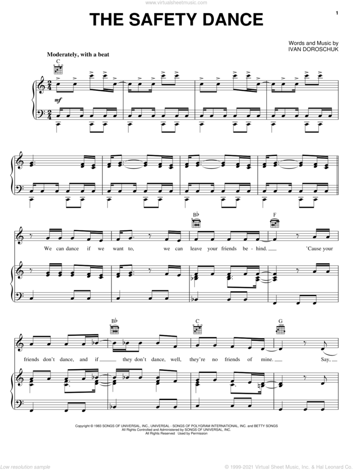 The Safety Dance sheet music for voice, piano or guitar by Men Without Hats, Miscellaneous and Ivan Doroschuk, intermediate skill level
