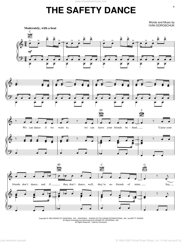 The Safety Dance sheet music for voice, piano or guitar by Men Without Hats, Miscellaneous and Ivan Doroschuk, intermediate skill level