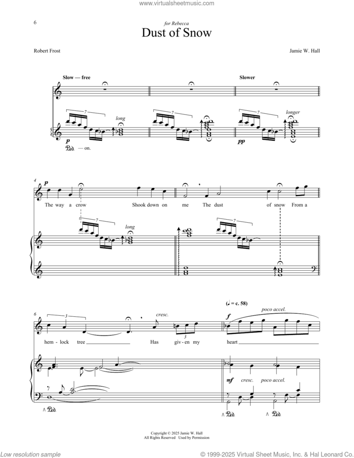 Dust Of Snow sheet music for voice and piano by Jamie W. Hall and Robert Frost, classical score, intermediate skill level