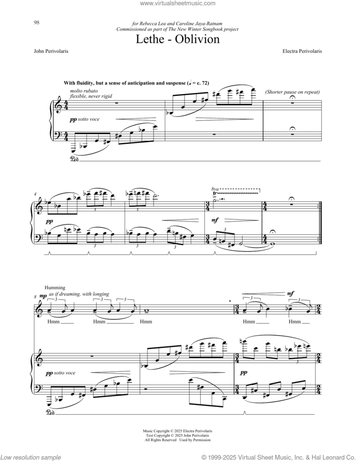 Lethe-Oblivion sheet music for voice and piano by John Perivolaris and Electra Perivolaris, classical score, intermediate skill level