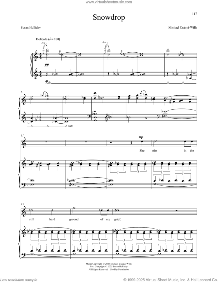 Snowdrop sheet music for voice and piano by Michael Csányi-Wills and Susan Holliday, classical score, intermediate skill level