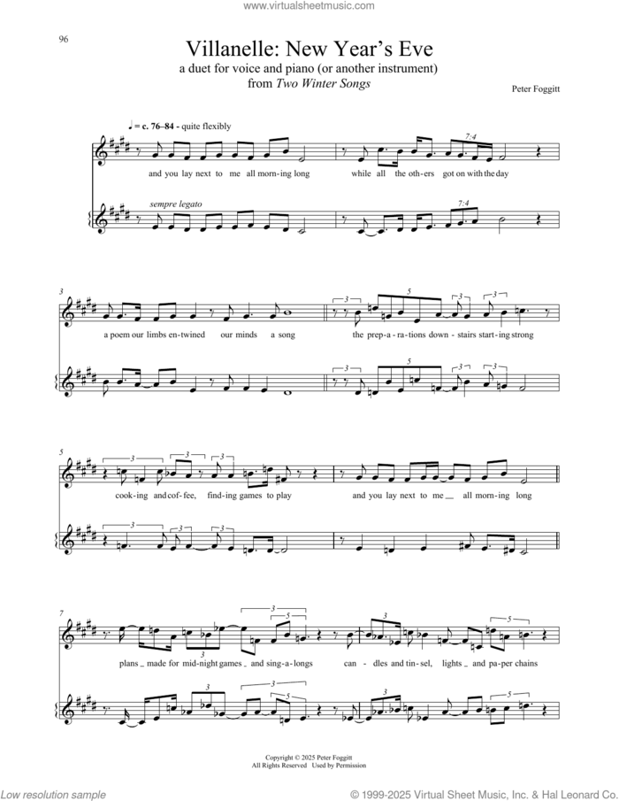 Villanelle: New Year's Eve sheet music for voice and piano by Peter Foggitt, classical score, intermediate skill level