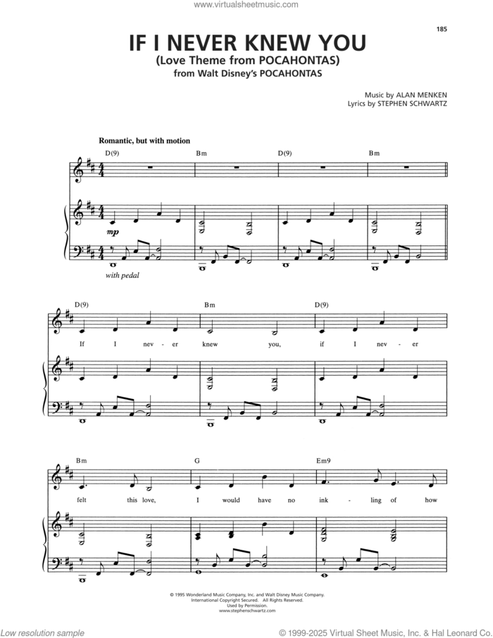 If I Never Knew You (End Title) (from Pocahontas) sheet music for voice and piano by Jon Secada and Shanice, Stephen Schwartz and Alan Menken, intermediate skill level