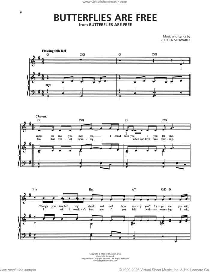 Butterflies Are Free sheet music for voice and piano by Stephen Schwartz, intermediate skill level