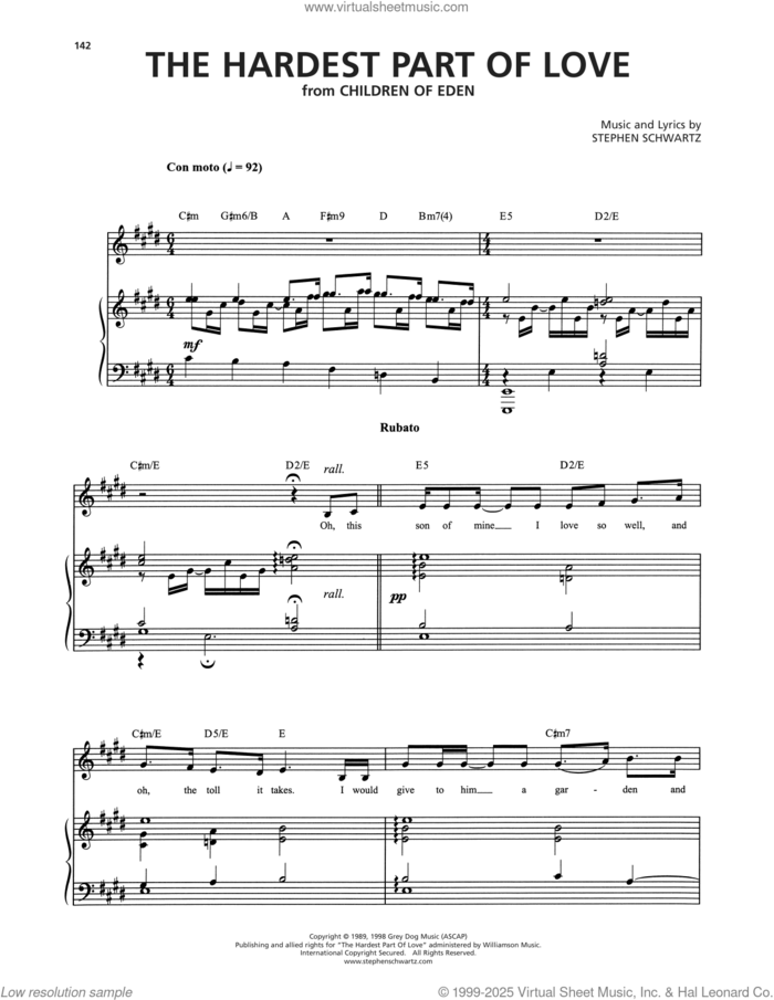 The Hardest Part Of Love (from Children of Eden) sheet music for voice and piano by Stephen Schwartz, intermediate skill level