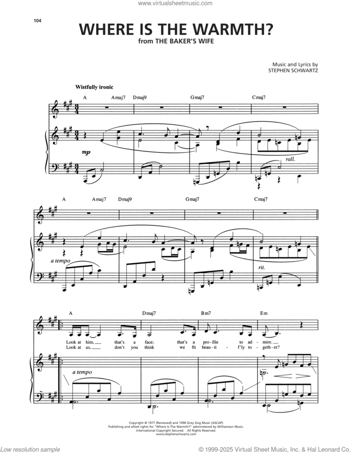 Where Is The Warmth? (from The Baker's Wife) sheet music for voice and piano by Stephen Schwartz, intermediate skill level