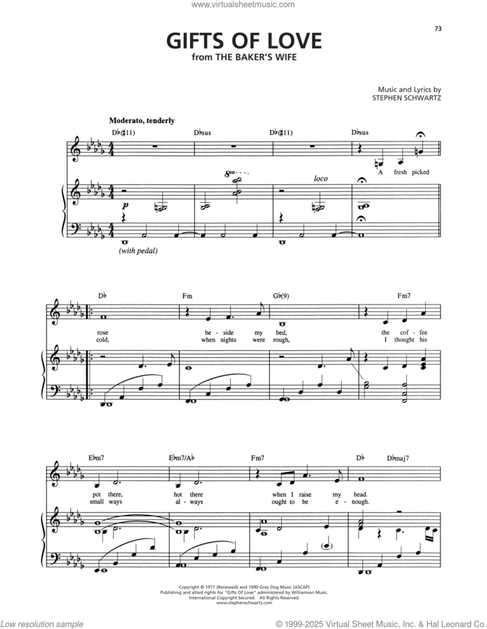 Gifts Of Love (from The Baker's Wife) sheet music for voice and piano by Stephen Schwartz, intermediate skill level