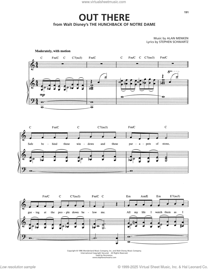 Out There (from The Hunchback of Notre Dame) sheet music for voice and piano by Stephen Schwartz and Alan Menken, intermediate skill level