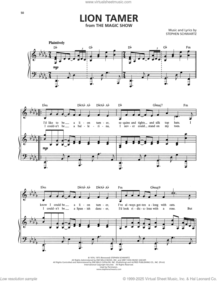 Lion Tamer (from The Magic Show) sheet music for voice and piano by Stephen Schwartz, intermediate skill level