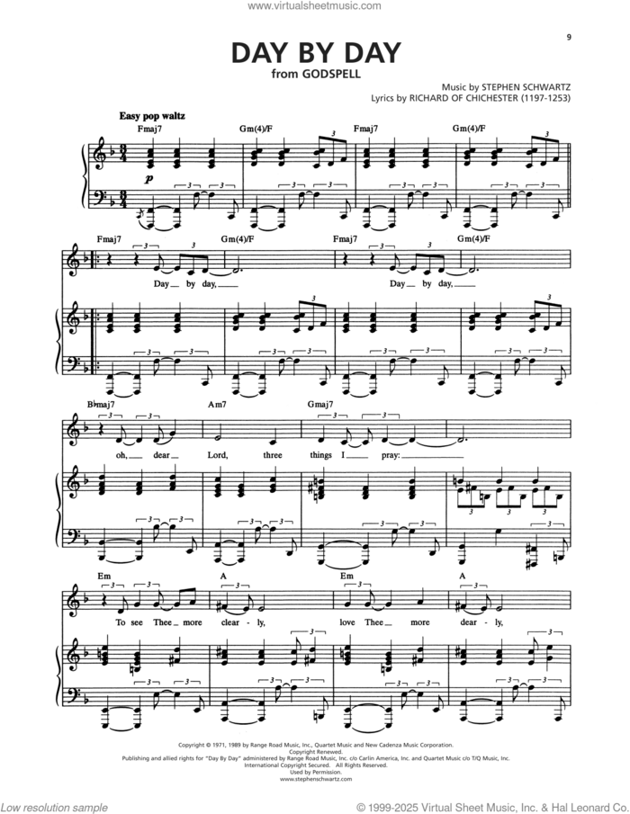 Day By Day (from Godspell) sheet music for voice and piano by Stephen Schwartz and Richard of Chichester, intermediate skill level