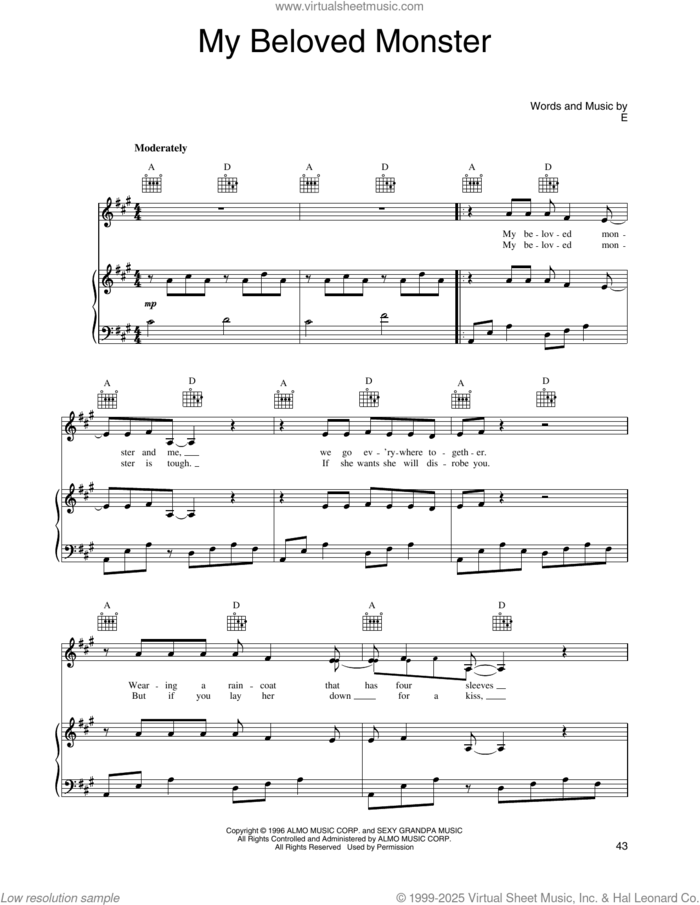 My Beloved Monster (from Shrek) sheet music for voice, piano or guitar by Eels and Mark Everett, intermediate skill level