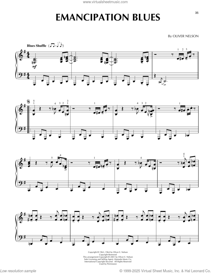 Emancipation Blues (arr. Brent Edstrom) sheet music for piano solo by Oliver Nelson and Brent Edstrom, intermediate skill level