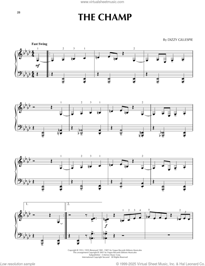 The Champ (arr. Brent Edstrom) sheet music for piano solo by Dizzy Gillespie and Brent Edstrom, intermediate skill level
