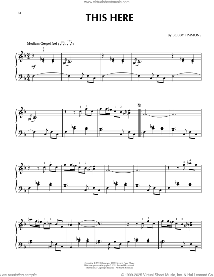 This Here (arr. Brent Edstrom) sheet music for piano solo by Jon Hendricks, Brent Edstrom and Bobby Timmons, intermediate skill level