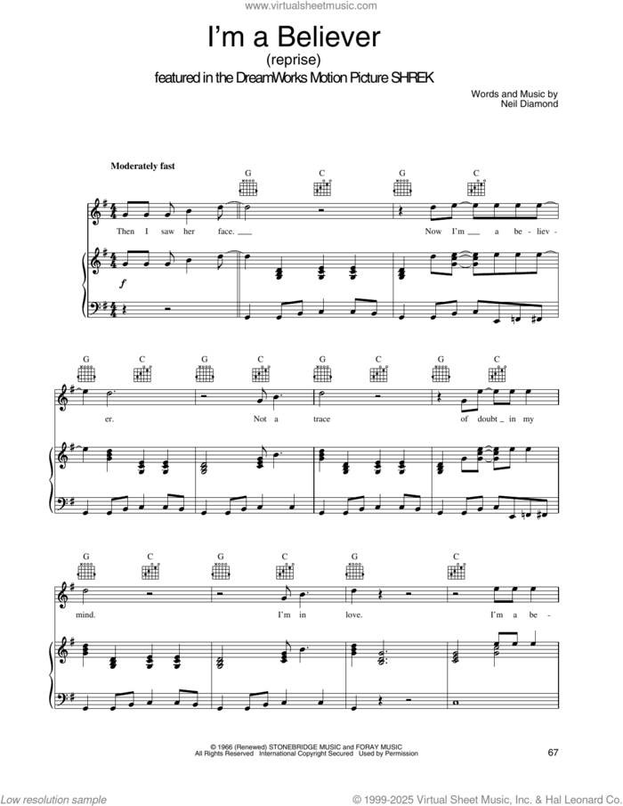 I'm A Believer (from Shrek) sheet music for voice, piano or guitar by Smash Mouth and Neil Diamond, intermediate skill level