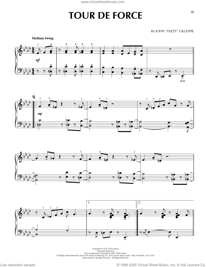 Tour De Force (arr. Brent Edstrom) sheet music for piano solo by Dizzy Gillespie and Brent Edstrom, intermediate skill level