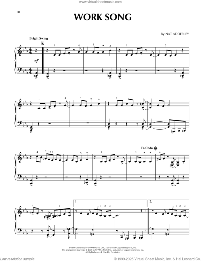 Work Song (arr. Brent Edstrom) sheet music for piano solo by Cannonball Adderley, Brent Edstrom, Nat Adderley and Oscar Brown, Jr., intermediate skill level