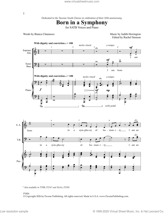 Born In A Symphony sheet music for choir (SATB: soprano, alto, tenor, bass) by Judith Herrington and Bianca Chamusco, intermediate skill level