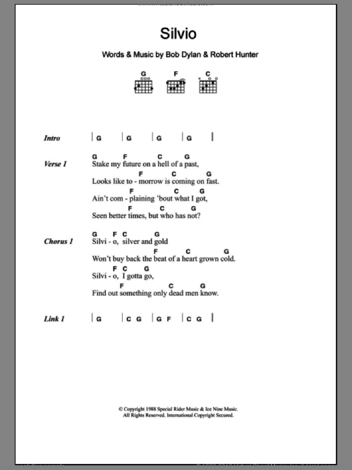Silvio sheet music for guitar (chords) by Bob Dylan and Robert Hunter, intermediate skill level