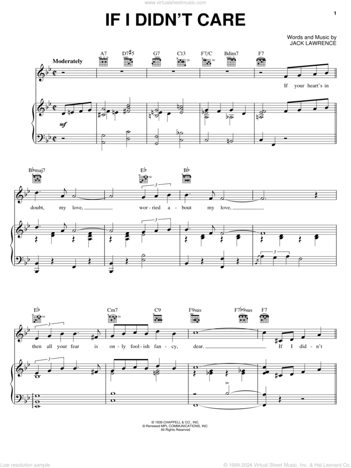 If I Didn't Care sheet music for voice, piano or guitar by The Ink Spots and Jack Lawrence, intermediate skill level