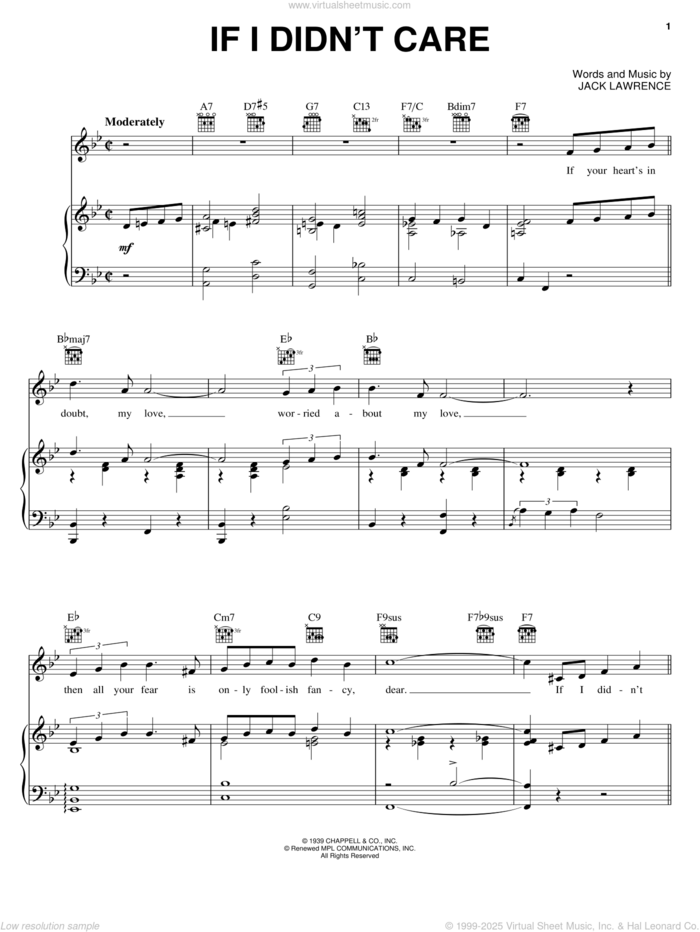 If I Didn't Care sheet music for voice, piano or guitar by The Ink Spots and Jack Lawrence, intermediate skill level