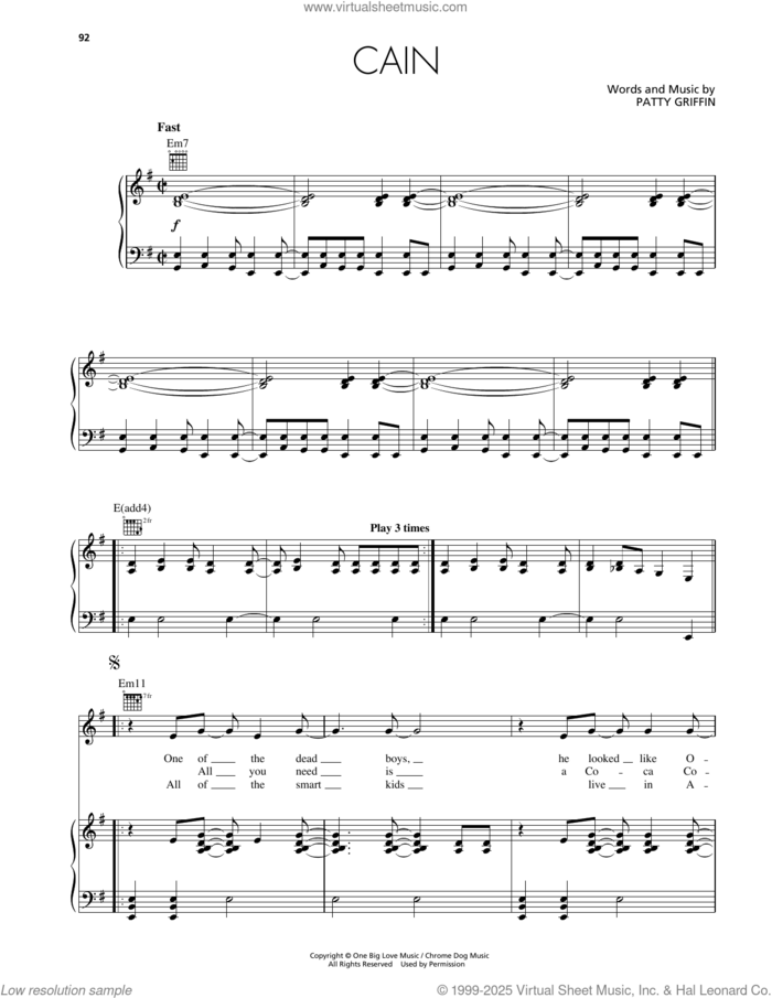 Cain sheet music for voice, piano or guitar by Patty Griffin, intermediate skill level