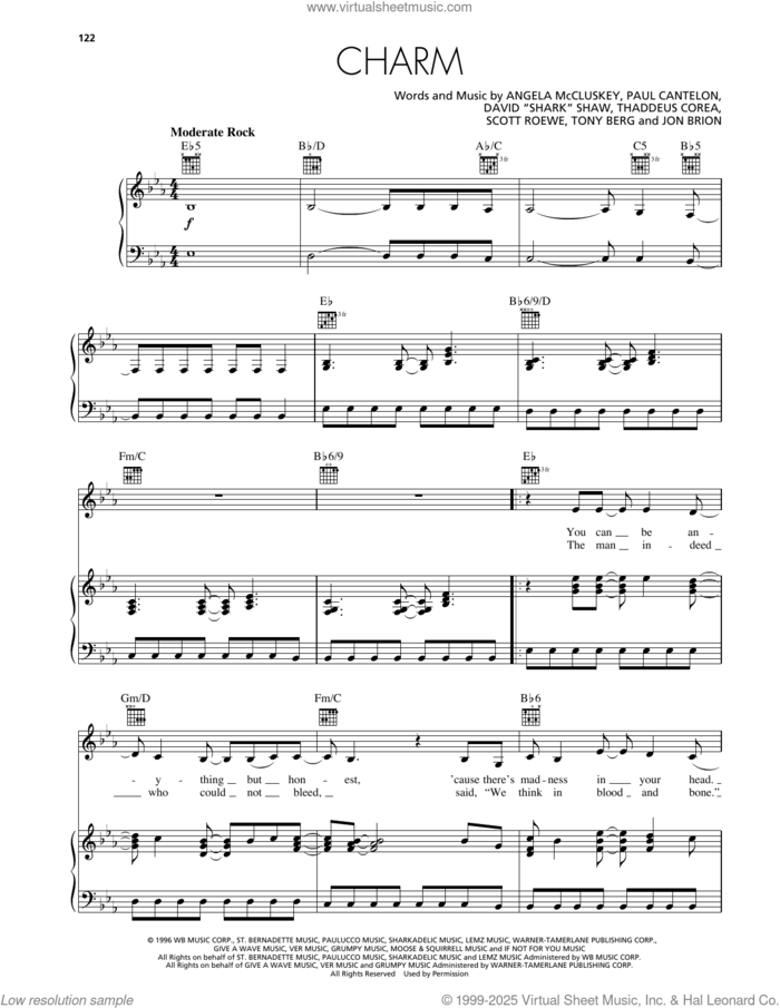 Charm sheet music for voice, piano or guitar by Wild Colonials, Angela McCluskey, David 'Shark' Shaw, Jon Brion, Paul Cantelon, Scott Roewe, Thaddeus Corea and Tony Berg, intermediate skill level