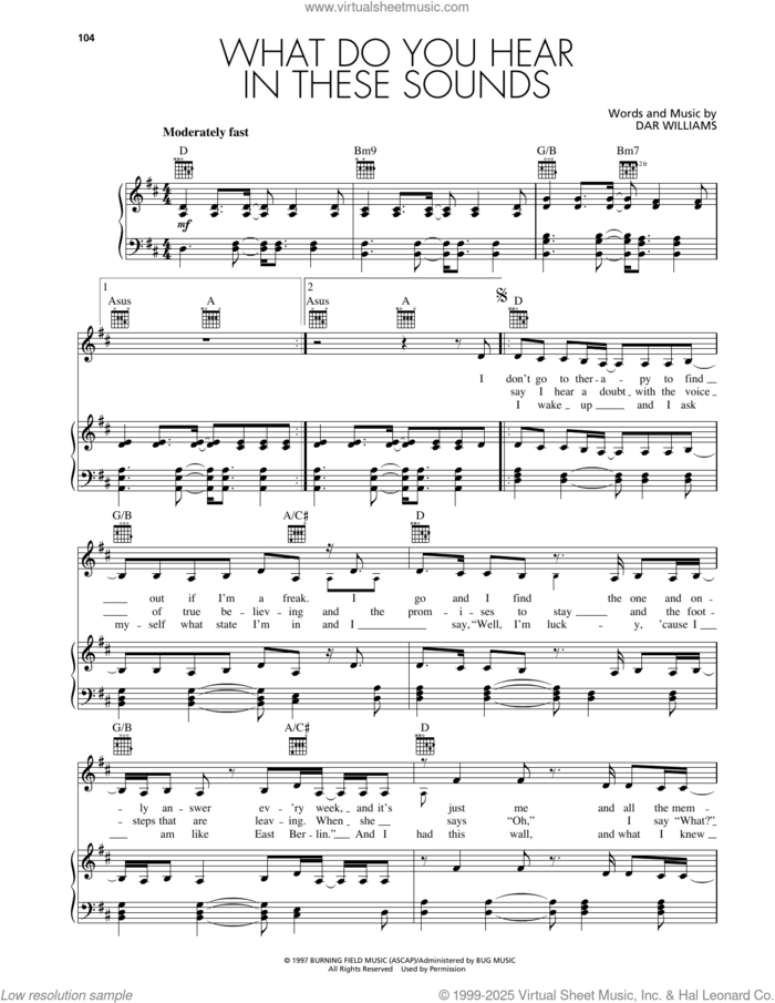 What Do You Hear In These Sounds sheet music for voice, piano or guitar by Dar Williams, intermediate skill level