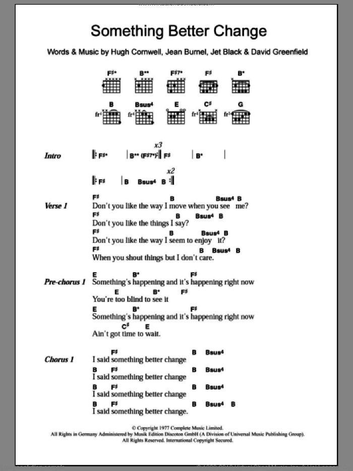 Something Better Change sheet music for guitar (chords) by The Stranglers, David Greenfield, Hugh Cornwell, Jean-Jacques Burnel and Jet Black, intermediate skill level