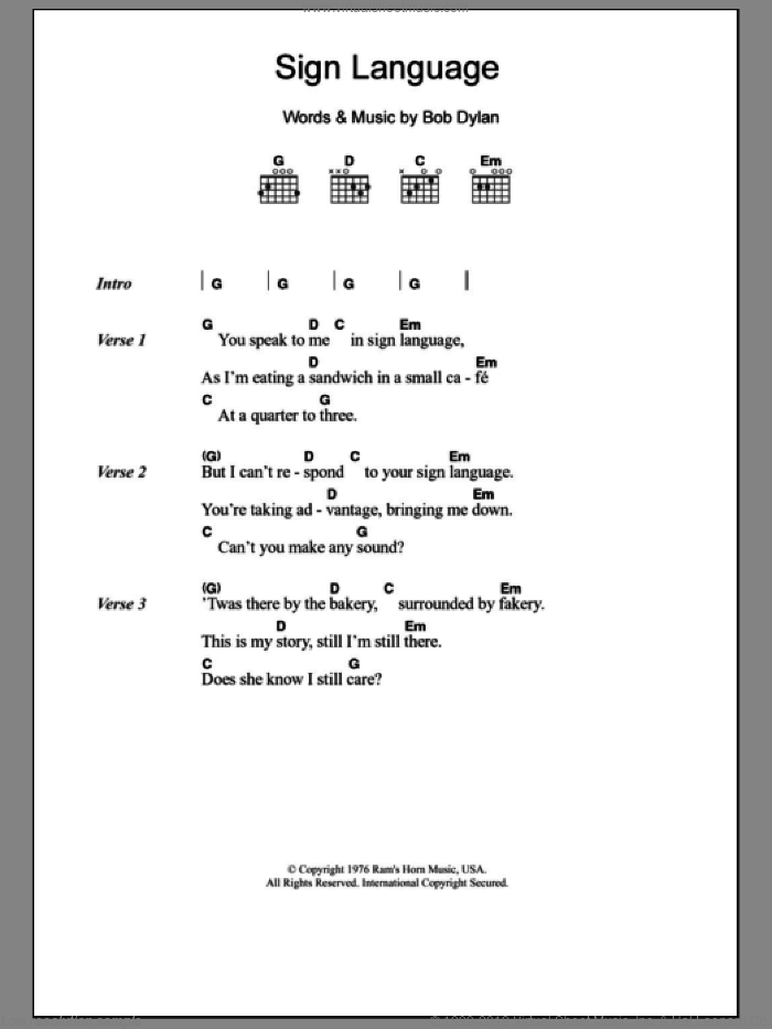 Sign Language sheet music for guitar (chords) by Eric Clapton and Bob Dylan, intermediate skill level